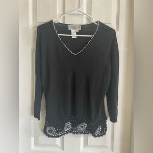 Joseph A vintage v neck black white top crochet detail 3/4 sleeve women’s Large